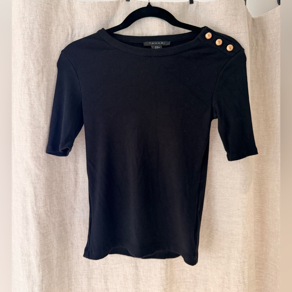 Tahari Black Top with Gold Button Accents